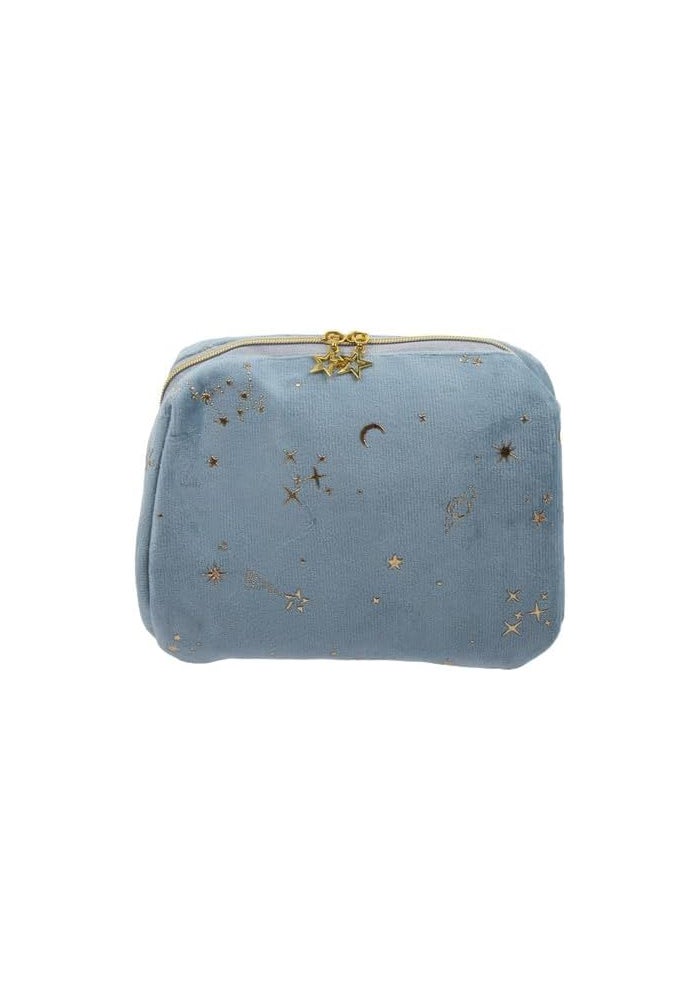 Daiso Velour Feel Pouch with Stars | Blue | Soft Zip Storage Bag for Cosmetics & Small Essentials - Image 1